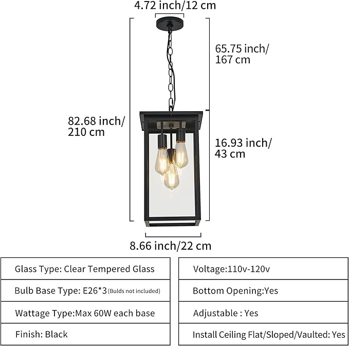 Large Outdoor Indoor Pendant Light 3-Light, Modern Black Metal Outside Chandelier Exterior Hanging Fixture Ceiling Mount with Clear Glass Shade for Front Porch Entrance Foyer Entryway