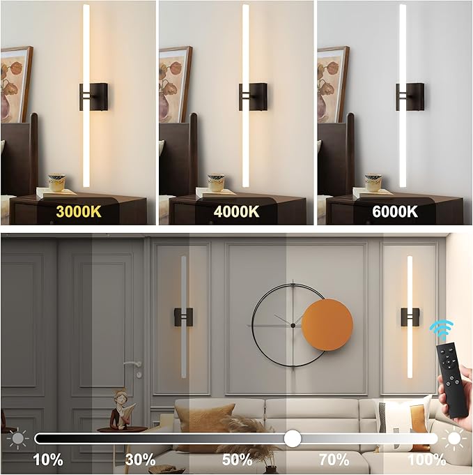 Battery Operated Wall Sconce 1Pack, Black Rechargeable Wall Lights with Dimmable Remote Control, 30 Inch 3000K-6000K LED Wireless Wall Lamps for Bedroom, Hallway, Background Wall
