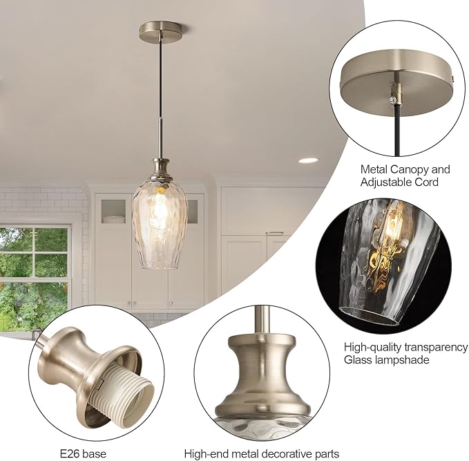 Modern Kitchen Pendant Lights,1-Light Nickel Pendant Light Fixtures with Hand-Blown Clear Glass Light Fixture for Kitchen Island Sink Dining Room Bedroom Hallway, E26 Bulb Not Includes
