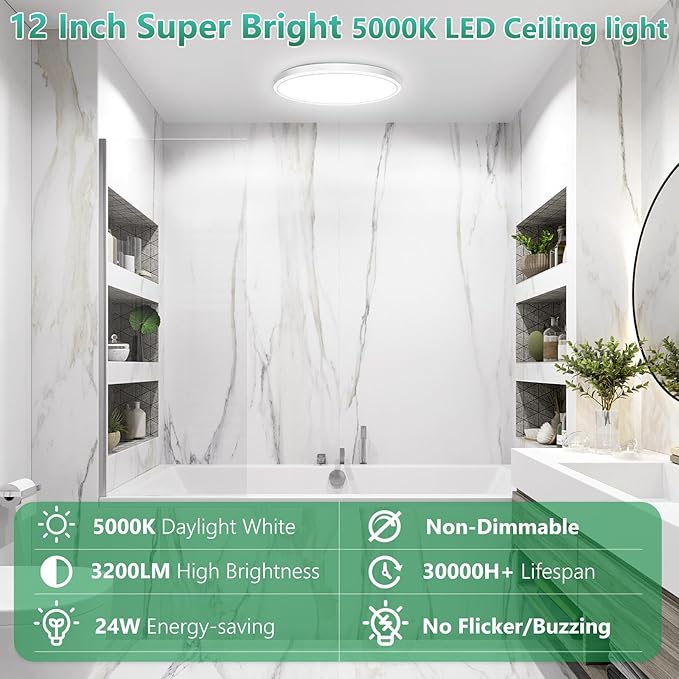Brightever 12 Inch 2 Pack LED Flush Mount Ceiling Light Fixture, 5000K Daylight White 3200LM Round LED Ceiling Lights, 240W Equivalent, 0.67 Inch Thickness Light Fixtures Ceiling Mount, Non-Dimmable
