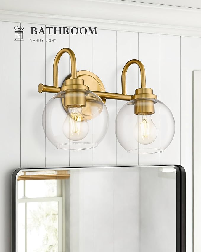 Bathroom Light Fixtures, 2-Light Brushed Gold Vanity Lights with Globe Clear Glass, Champagne Bronze Vanity Lighting Fixtures Over Mirror, AD-22280-2W-GD
