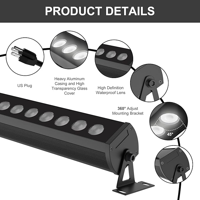 40″ LED Wall Washer Light Bar, 4000K Neutral White 36W Outdoor Light, IP65 120V AC Plug-in LED Flood Bar with 360° Adjustable Mount Brackets for Wall Wash Lighting, Landscape Uplighting