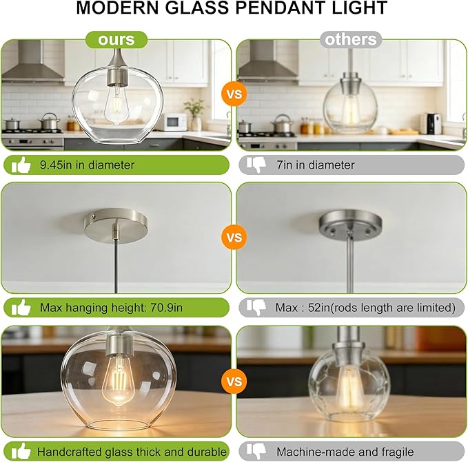 Glass Pendant Lights Kitchen Island, 9.45'' Brushed Nickel Pendant Lighting Fixtures, Modern Hanging Ceiling Light with Clear Glass Shade for Farmhouse Dining Room Bedroom Hallway(1 Pack)