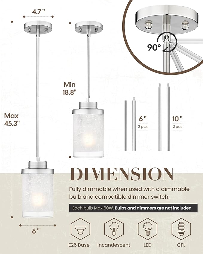 TENGXIN Modern Pendant Light for Kitchen Island, 6 Inch Brushed Nickel Hanging Ceiling Light Fixture,Farmhouse Pendant Lighting for Dining Room Bedroom Bar Office 2Pack,TXPLBN01-2PK-L