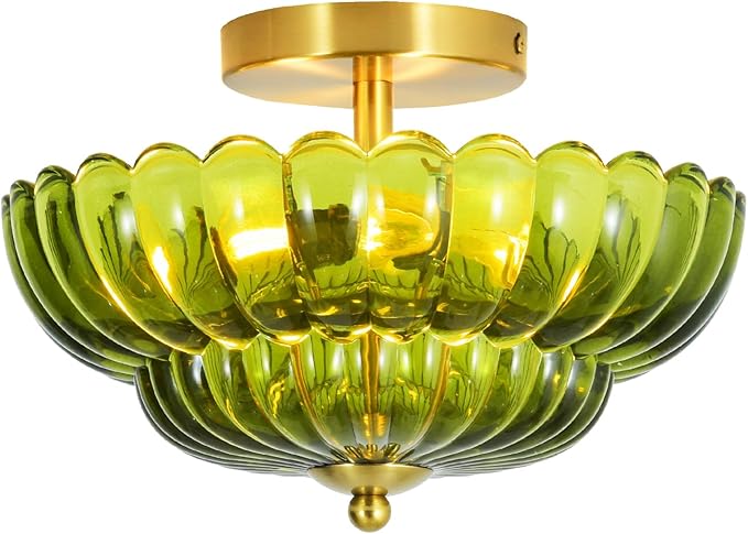 11.8 inch Kitchen Ceiling Light, 3-Light Semi Flush Mount Ceiling Lamp with Flower Glass, Modern Close to Ceiling Light Fixtures for Bathroom Bedroom Hallway Entryway, Green