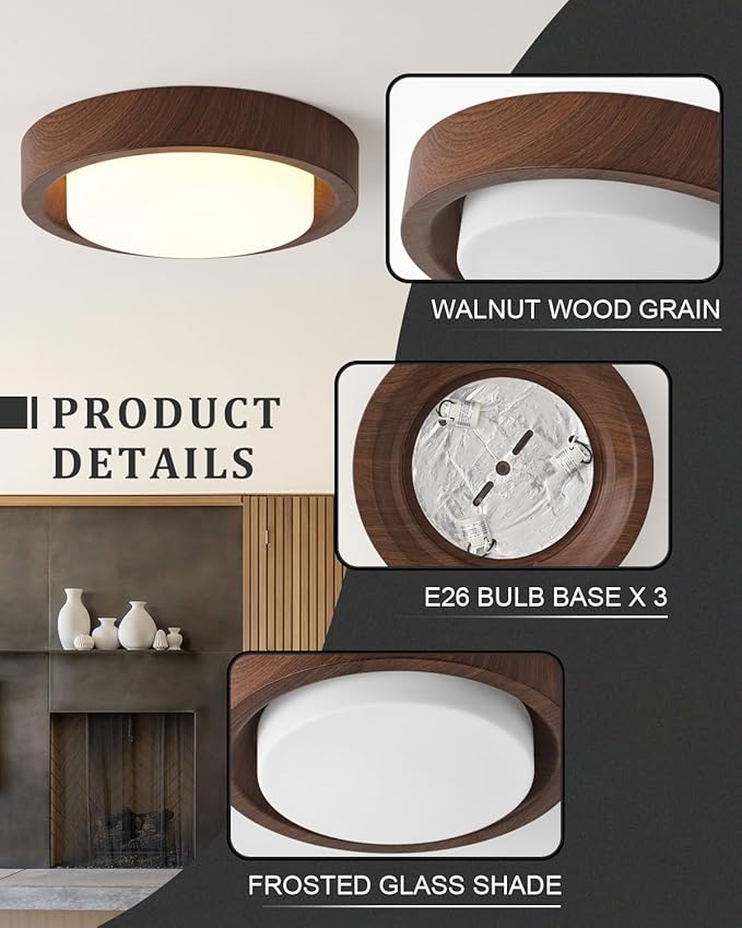 Walnut Wood Flush Mount Ceiling Light Fixture,16 Inch Ceiling Light with Frosted Glass Shade,High Deep Profile Round Ceiling Lights for Hallway Bedroom Closet Livingroom