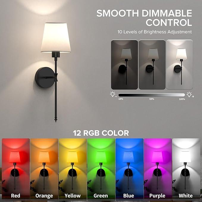 Battery Operated Wall Sconce Set of 2 Rechargeable Wireless Wall Sconces Wall Lamps with Dimmable and Remote, 12 Colors Wall Lights with RGB Bulb for Bedroom Living Room Hallway Decor(Black)