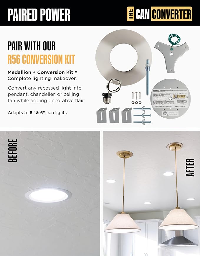 The Can Converter Ceiling Medallion for Recessed Can Light – Home Improvement Decorative Steel Flat Goof Ring & Cover Plate for 5" & 6" Cans, Small Ceiling Medallion for Chandeliers, Polished Chrome