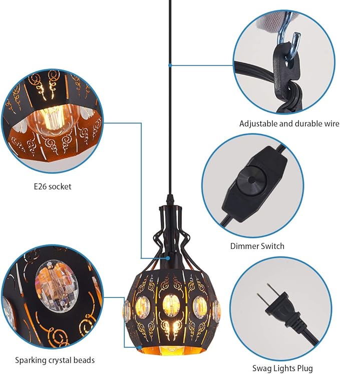 YLONG-ZS Hanging Lamp Swag Lights Plug in Pendant Light,Hanging Lights with Plug in Cord Small Black Vintage Rustic Dimmable Hanging Ceiling Lamp for Corner Restaurant Living Room Bedroom