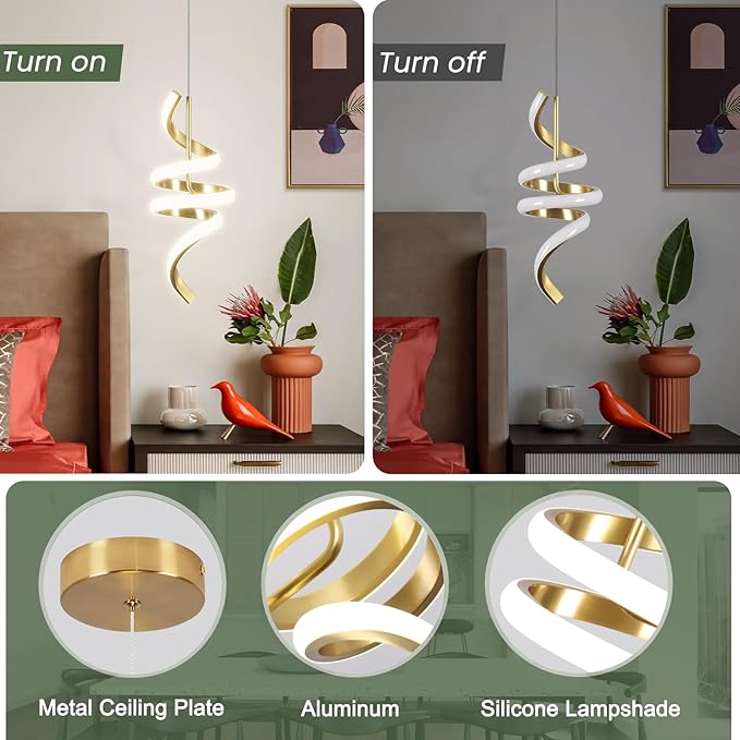 4000K Modern Pendant Light, 15IN Spiral LED Pendant Lights Adjustable Height Black Kitchen Island Fixtures Chandeliers for Dining Room Hanging Lights, 1 Pack (Gold,4000K, Hardwired,2PACKS)