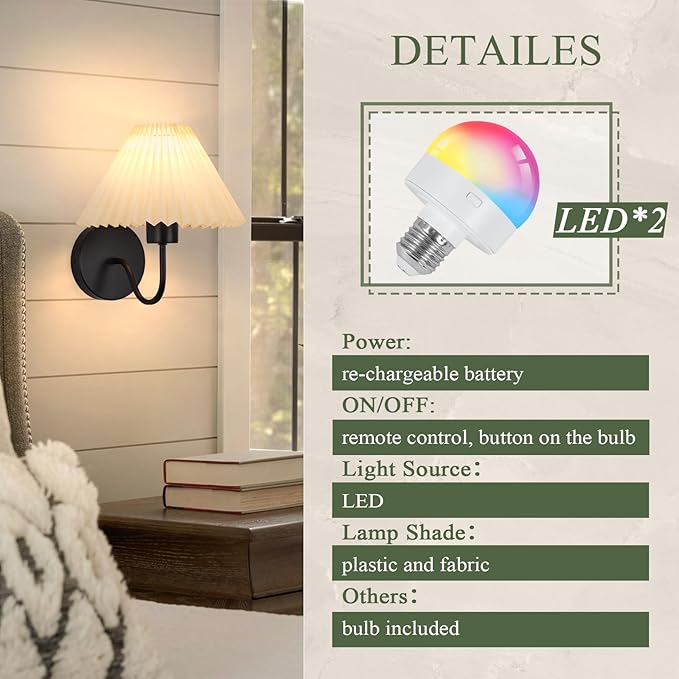 ADISUN Wall Sconces Sets of 2 RGB Battery Operated Wall Sconces for Bedroom Dresser Classic Black Wall Lamp with Remote for Living Room Bathroom Dining Room Corridor Staircase (2 Bulbs Included)