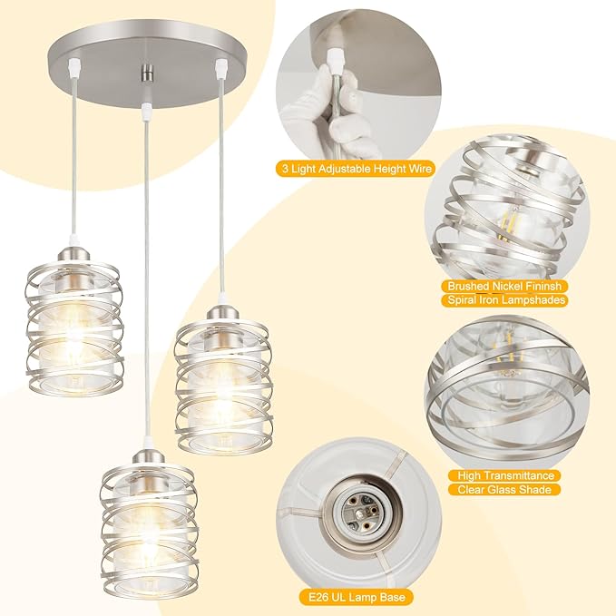 Brushed Nickel Cluster Pendant Lights, 3-Light Kitchen Island Pendant Light Fixtures with Clear Glass Shades, Adjustable Spiral Iron Dining Room Hanging Light Fixture