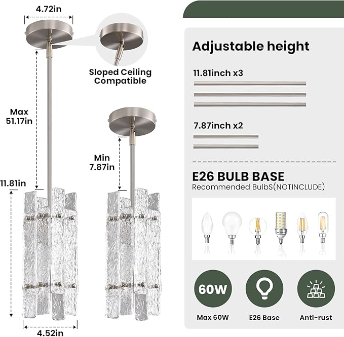 Brushed Nickel Crystal Pendant Light for Kitchen Island, Modern Luxury Mini Water Ripple Glass Chandelier Fixture, Square Adjustable Hanging Pendant Lighting for Dining Room Bedroom Hallway (1-Pack)