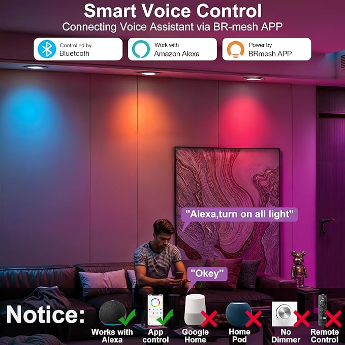 Color Changing LED Can Lights,12Pack Retrofit LED Recessed Lighting 5/6inch,13W 1050LM Smart Recessed Can Lights,Compatible with Alexa,Bluetooth APP Control,for Bedroom Kitchen Living Room