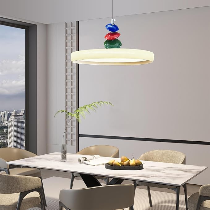 Mikeru Modern Pendant Lights, 15.8" Cream Yellow Pendant Lighting Fixture with Remote Control Dimmable 3 Color Mode & Brightness Mid Century Island Light Fixture for Dining Room,Kitchen,Living Room