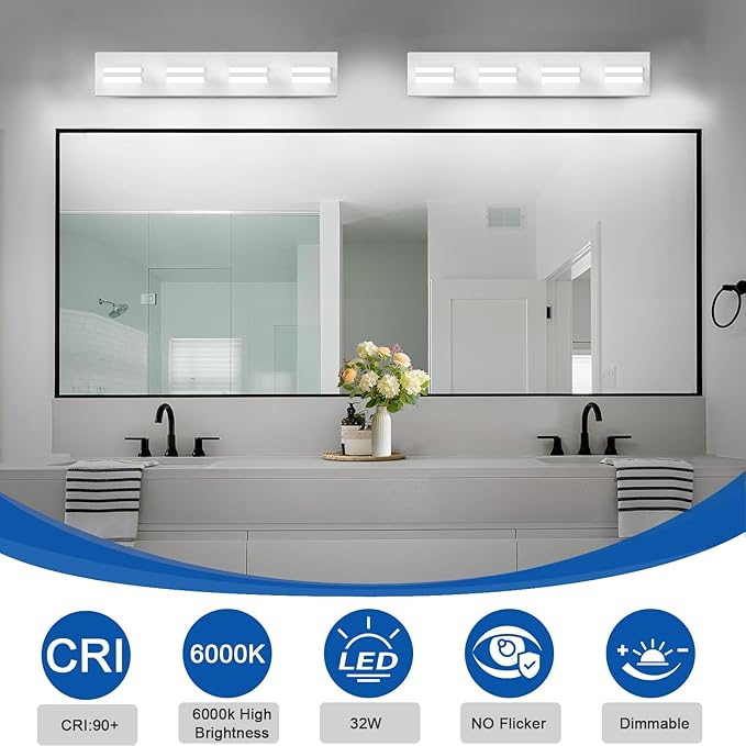 IZORRO LED Modern Bathroom Lights Fixtures(4-Light,Dimmable,360°Rotate),Matte White Acrylic Wall Lighting,Vanity Lights for Bathroom Over Mirror - 6000k 24In （No Assembly Required）