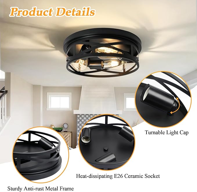 3-Light Flush Mount Ceiling Light Fixture, Farmhouse Ceiling Lights for Kitchen, Modern Black Close to Ceiling Light for Hallway Bedroom Balcony Porch Stairway, E26, (1 Pack)