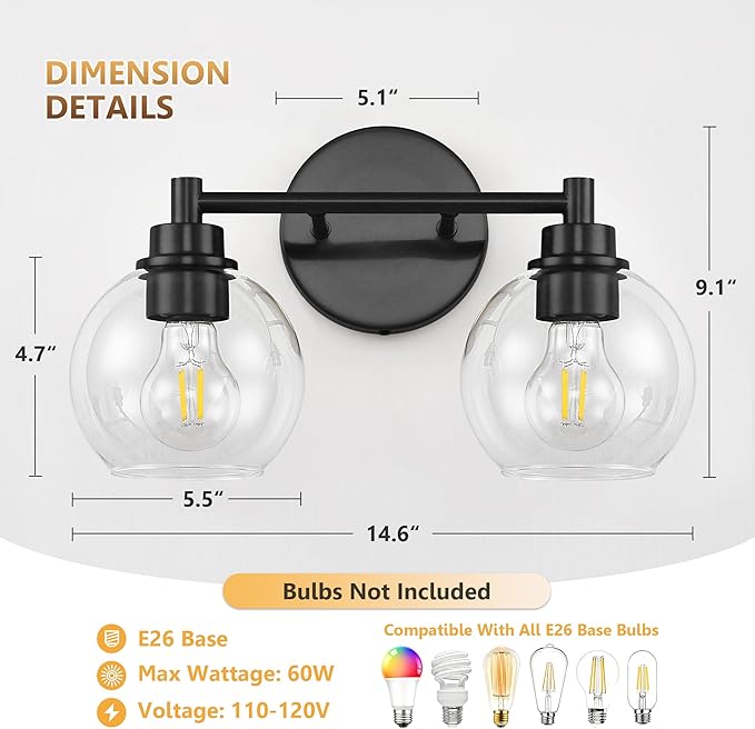 Black Bathroom Vanity Lights, 2-Light Wall Sconce with Glass Globe Shade, Vanity Lighting for Bathroom/Bedroom/Dressing Room, Vertical/Horizontal Mounted, E26 Bulb Base (Bulb Not Included)