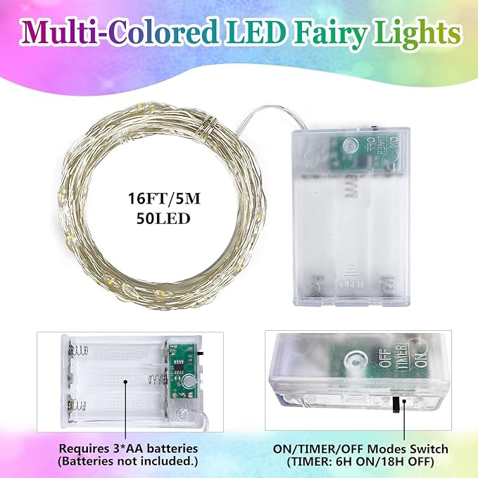 4-Pack Multicolor Christmas Fairy Lights Battery Operated with Timer, 16FT 50 LED String Lights Outdoor Indoor, Twinkle Lights Waterproof for Bedroom Wedding Party Christmas Decoration (Multicolor)
