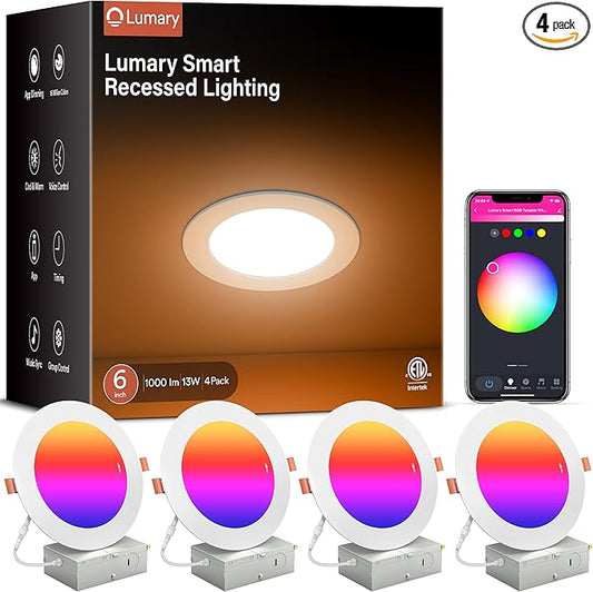 Lumary Smart Recessed Lighting 6 Inch, Canless LED Recessed Lights 13W 1000LM, RGBWW Color Changing LED Downlight with J-Box, Compatible with Alexa & Google Assistant, BT Remote, ETL Listed, 4 Pack
