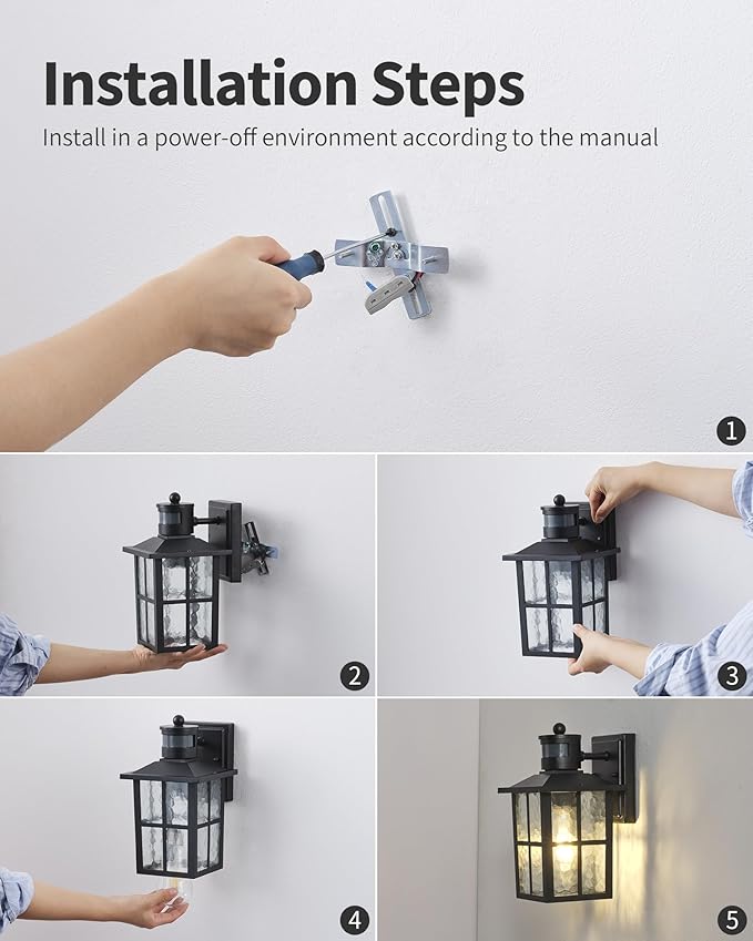 KDG Outdoor Motion Sensor Patio Wall Light Fixtures Set of 2, Black E26 Socket Waterproof Lanterns with Tempered Glass, Modern Wall Mounted Lamps Suitable for Home, Front Door, Garage, Porch