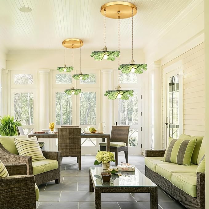 Green Glass Pendant Light 3-Light Cluster Chandelier Adjustable Gold Brass Pendant Hanging Light Farmhouse Pendant Lights for Kitchen Island Dining Room Bedroom