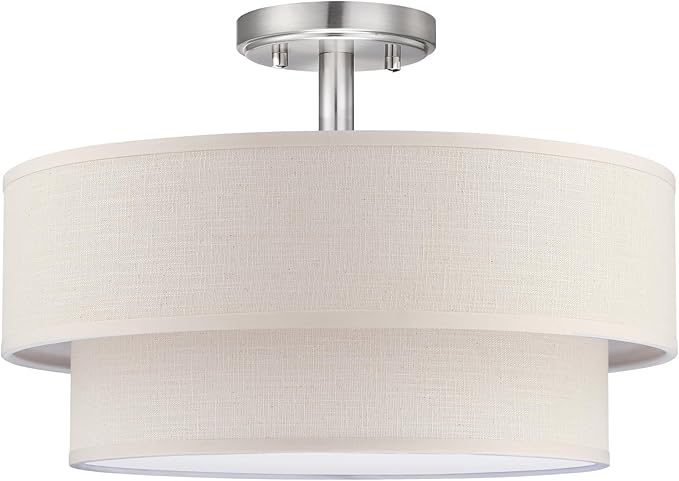 3 Lights 15 Inch Semi Flush Mount Close to Ceiling Light Fixture,Cream Fabric Shade Brushed Nickel Finish for Bedroom,Living Room,Dining Room Hallway