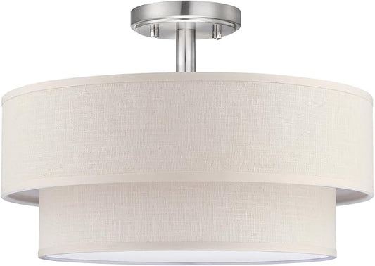 3 Lights 15 Inch Semi Flush Mount Close to Ceiling Light Fixture,Cream Fabric Shade Brushed Nickel Finish for Bedroom,Living Room,Dining Room Hallway