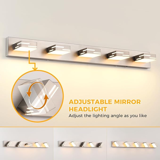 5-Light 5CCT Modern Bathroom Vanity Light Fixtures, 40-Inch 350° Rotatable LED Vanity Lights Over Mirror, Dimmable Brushed Nickel Wall Sconce with Frosted Acrylic Shade