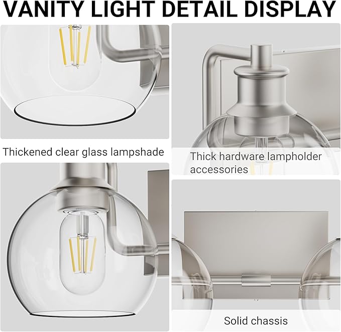Tipace 2 Light Wall Scone Vintage Vanity Light Fixtures Brushed Nickel Wall Light for Bathroom Lights Over Mirror with Globe Glass Shade Light Fixtures (Exclude Bulb)
