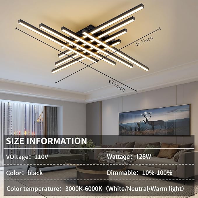 Flush Mount Ceiling Light Fixture 45.7" Modern Black Sputnik Dimmable LED Lamp with Remote Control Ideal for Bedroom Living Room Kitchen Room(8 Lights)