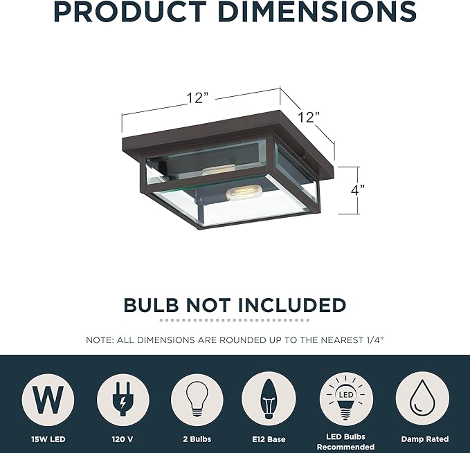 Quoizel Westover 12" Outdoor Flush Mount Ceiling Light, 2-Light Western Bronze with Clear Beveled Glass, E12 Base, ETL Damp Rated