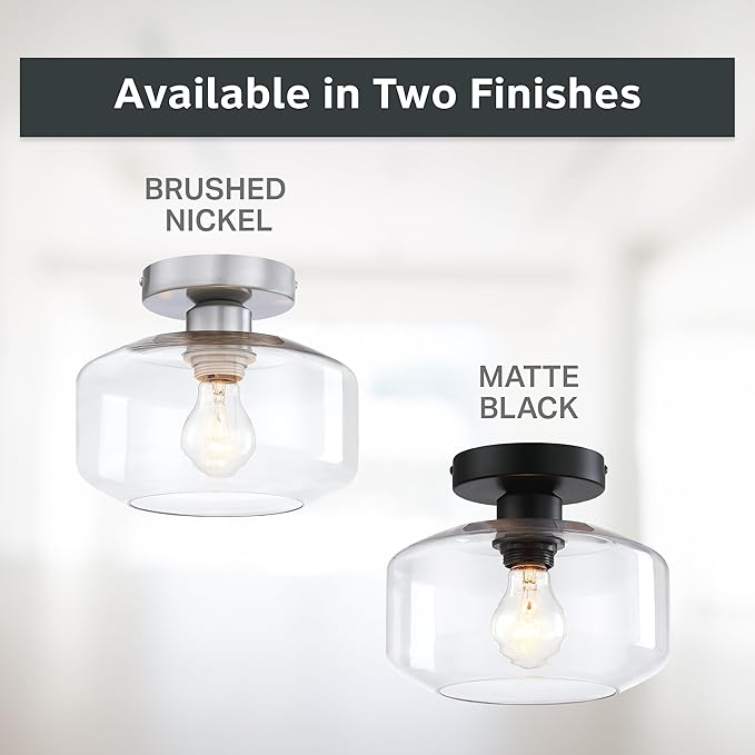 Designers Fountain Semi Flush Mount Ceiling Light, 8.75 Inch Clear Glass Lighting Fixture for Kitchen, Bedroom, Bathroom, and Hallway, Brushed Nickel, D335M-SF-BN