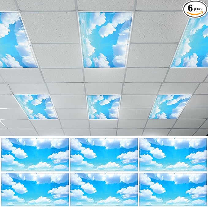 QOUBAI 6PCS Fluorescent Light Covers, 4x2 Feet Magnetic Light Cover Fluorescent Lights Shade Panel Positive Inspirational Ceiling Lights Filters for Office Classroom Home Drop Ceiling Blue Sky