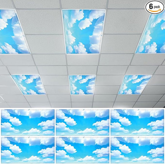 QOUBAI 6PCS Fluorescent Light Covers, 4x2 Feet Magnetic Light Cover Fluorescent Lights Shade Panel Positive Inspirational Ceiling Lights Filters for Office Classroom Home Drop Ceiling Blue Sky