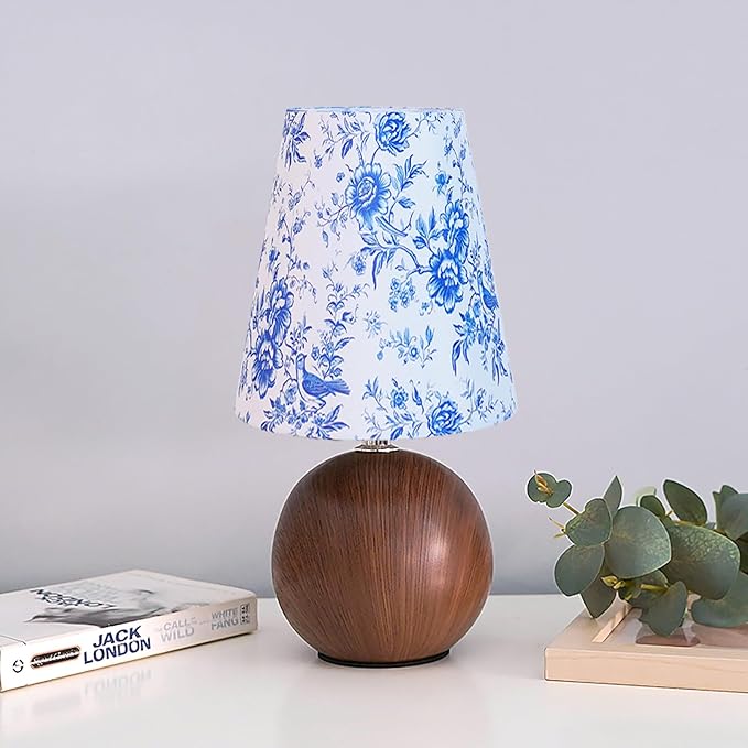 Vintage Wooden Base Fabric Table Lamp, Adjustable Light Color and Brightness with Power-Off Memory, Safe USB Powered, Retro Style LED Light for Bedroom Living Room Office (Blue Flowers)