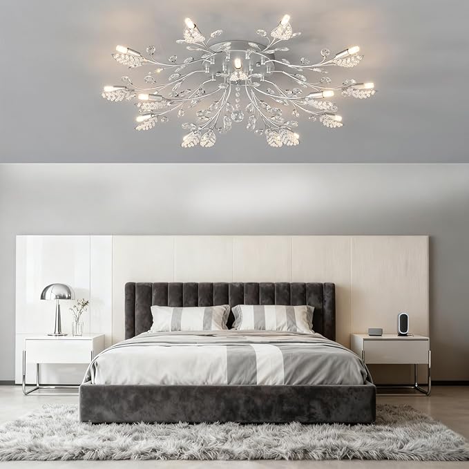 Modern Crystal Ceiling Light Fixture,Silvery Semi Flush Mount Chandeliers,Crystal Leaf Ceiling Light, Chandeliers for Dining Room,Living Room,Bedroom