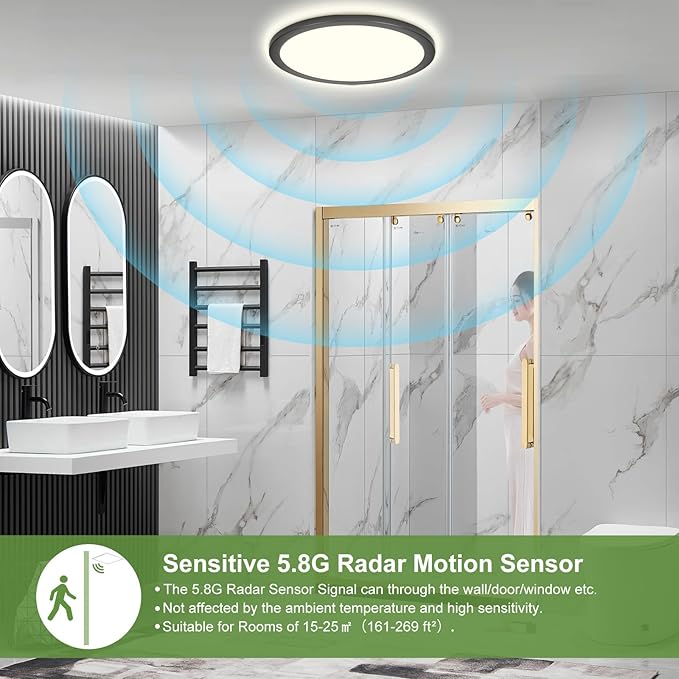 LEZOE 24W Motion Sensor LED Ceiling Light dimmable with Remote, 12Inch 2400lm 3000K/4000K/6500K Flush Mount Ceiling Lighting Fixture, Radar Ceiling Lamp for Hallway Laundry Porch Stair Closet Black