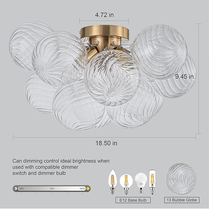 GoYeel Semi Flush Chandelier Gold, Modern Light Fixtures Ceiling Mount Lighting Pendant 3 Light Dining Chandeliers Over Table Glass 18.5" 13 Clear Swirled Globe for Foyer Bedroom Kitchen