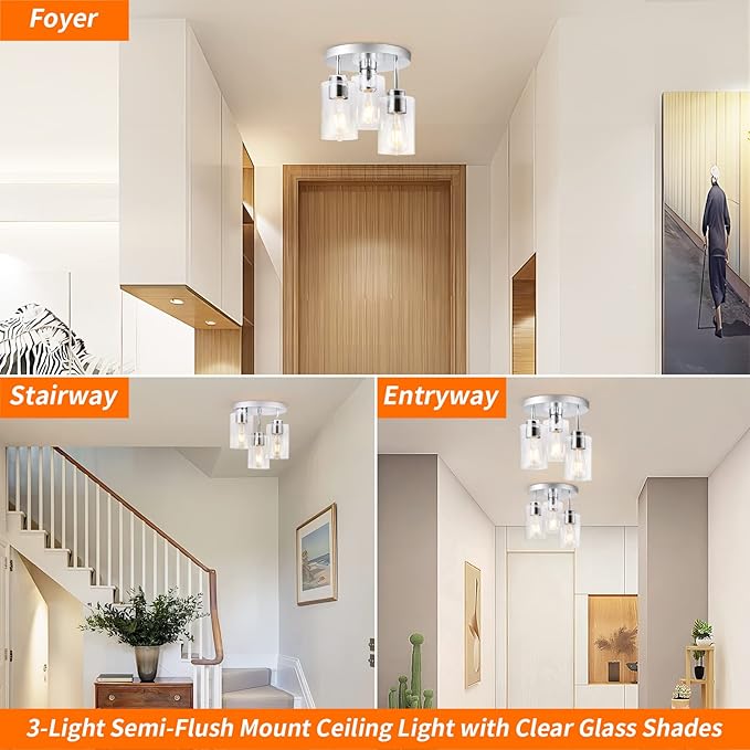 Semi Flush Mount Ceiling Light 3-Light Chrome Flush Mount Ceiling Light Fixtures with Clear Glass Shade, Modern Kitchen Ceiling Light for Bedroom Stairs Porch Hallway Entryway, E26 Socket