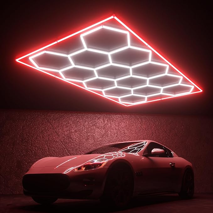 Hexagon Garage Lights, 14 Grids Hexagon LED Lights with Rectangle Frame, 603W 6500K Super Bright Honeycomb Light for Warehouse, Car Detailing Shop, Exhibition Hall, Gym(Red)