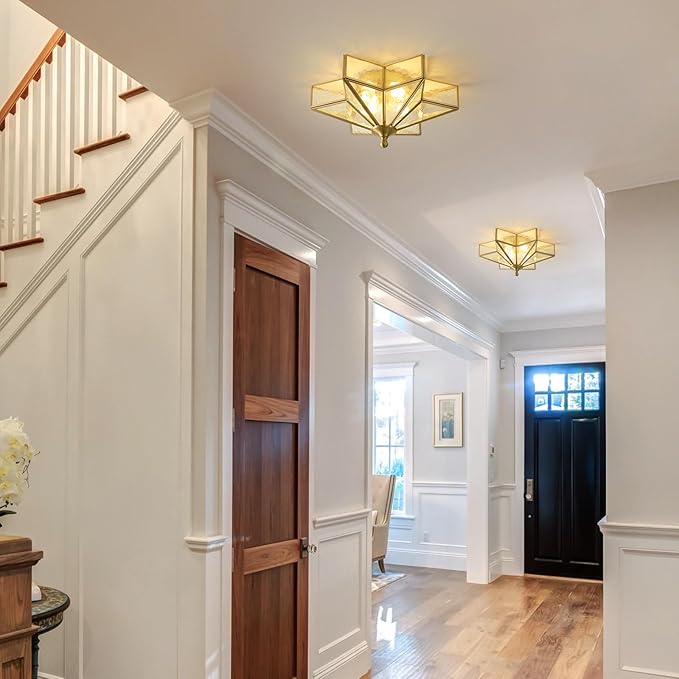 Star Brass Glass Ceiling Light - Small 12 in Gold Hammered Flush Mount Fixture - Unique Art Deco Vintage Modern Lighting Lights for Bedroom Dining Foyer Entryway Hall Hallway Outdoor Porch