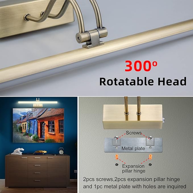 Picture Light, Cordless Picture Lights for Wall, 20inch Dimmable Picture Lights with Timer, 5000mAh Battery Operated Wall Lights for Display Gallery Painting Art Frame Portrait, Metal, Antique Brass