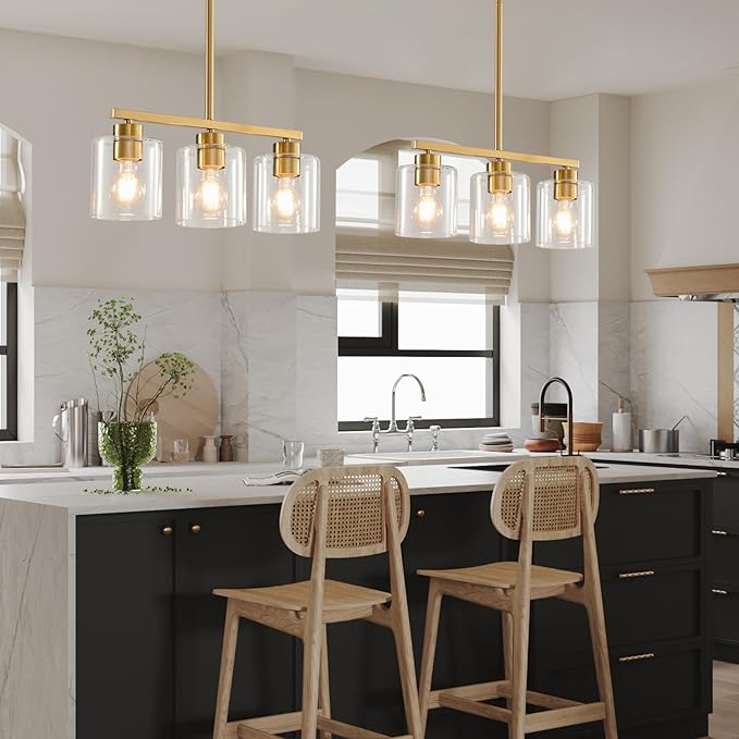 3-Light Gold Kitchen Island Lighting, Gold Pendant Light Fixture, Farmhouse Dining Room Light Fixtures Over Table, Modern Hanging Light Fixtures with Clear Glass, E26 Base, Bulbs Not Included
