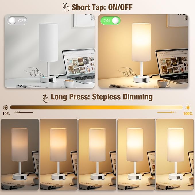 Touch Bedside Table Lamp with Memory - Stepless Dimmable Lamp for Bedroom, Small Nightstand Lamp with Dual USB Charging Ports and AC Outlet, Wood Night Light, Deak Lamp for Nursery (White & White)