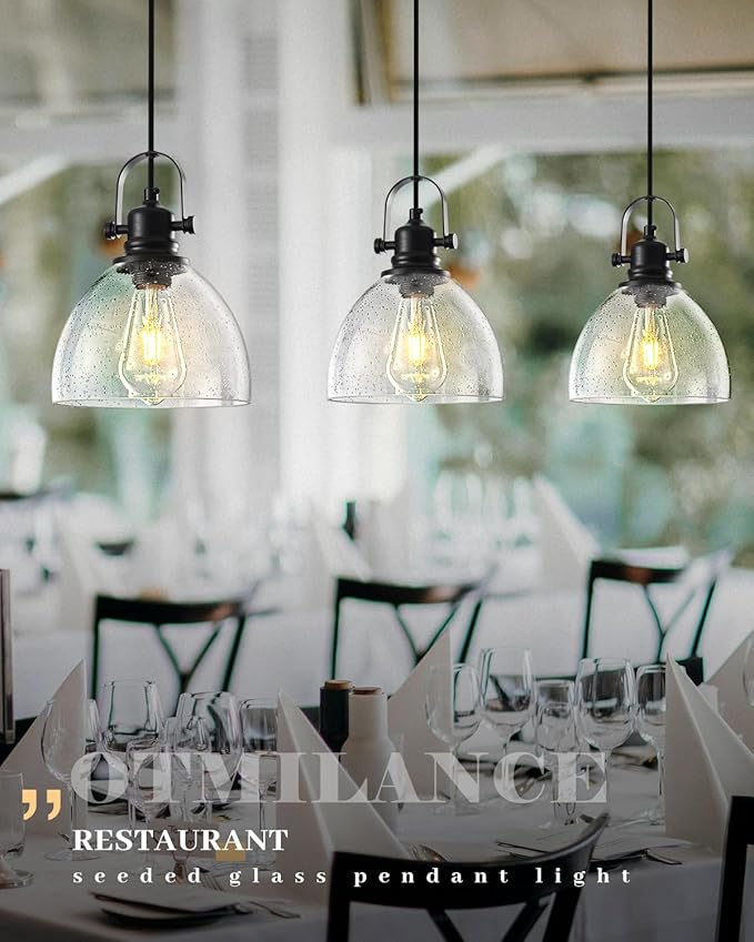 7.5" Seeded Glass Pendant Light 1 Pack, Vintage Hanging Kitchen Lights, Black Glass Pendant Lighting for Kitchen Island, Dining Room, Bar, Cafe