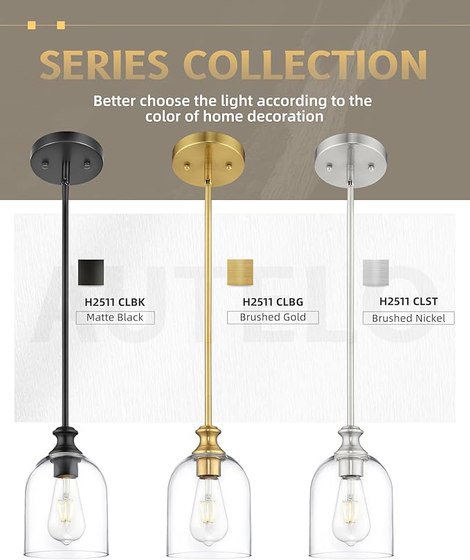 AUTELO 2 Pack Matte Black Pendant Lights, Hanging Lamp with Clear Cylinder Glass, Modern Pendant Lights Kitchen Island with Adjustable Rods, H2511 CLBK 2PK