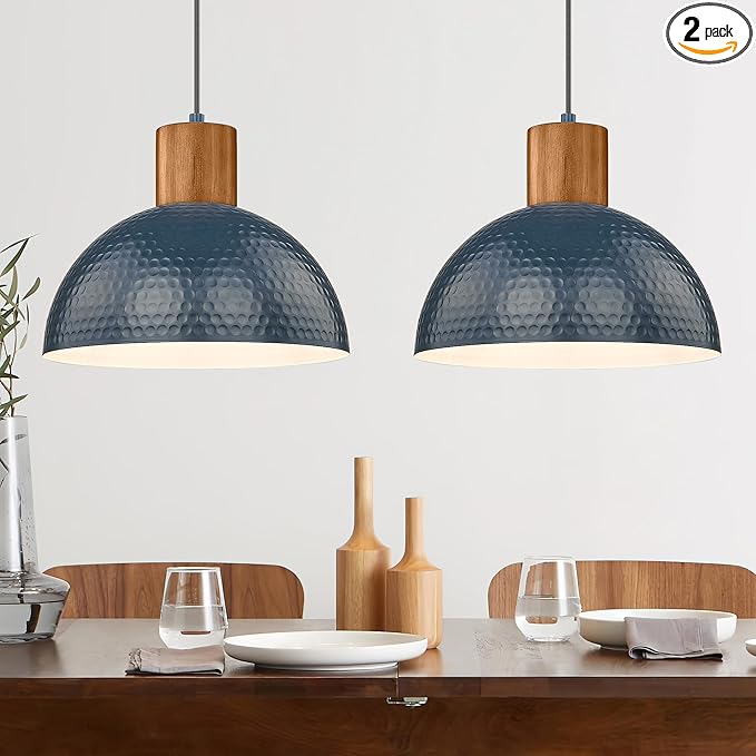 ELYONA Modern Hammered Pendant Light Fixtures with 12" Metal Shade Solid Wood Dome Hanging Pendant Light for Farmhouse Kitchen Island Dining Room Sink Bedroom Hallway Medium 2 Pack Blue