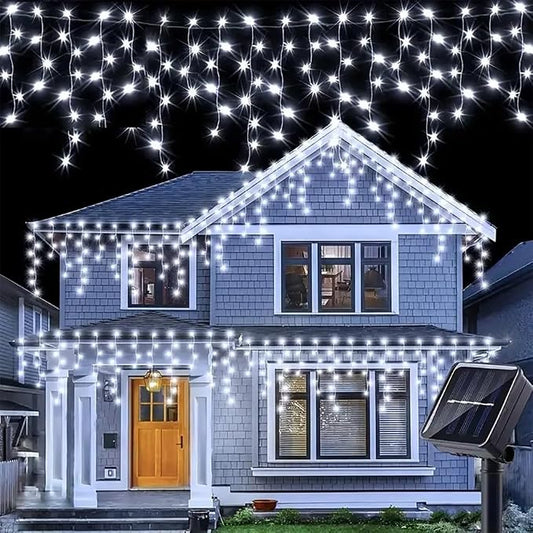 Sherno 1Pcs LED Solar String, 8 Modes Icicle Curtain Lights, Outdoor Fairy Lights for Christmas, Garden, Party Decoration (White, 137.8inch 96LEDs)