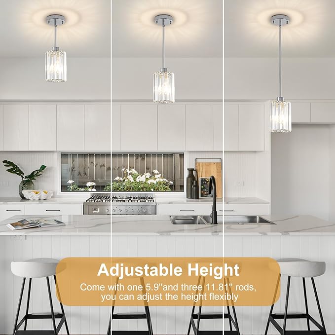 Chrome Pendant Lights for Kitchen Island, 3 Pack Modern Crystal Pendant Light Fixtures, Mini Kitchen Hanging Lights for Dining Room, Hallway, Foyer, Entryways